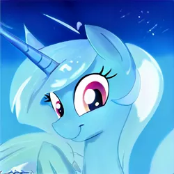 Size: 1024x1024 | Tagged: safe, artist:thisponydoesnotexist, derpibooru import, machine learning generated, oc, unofficial characters only, pony, unicorn, bust, horn, image, jpeg, long horn, looking at you, neural network, not trixie, smiling