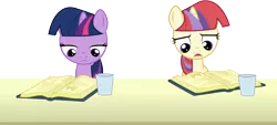 Size: 6614x3000 | Tagged: safe, artist:cloudyglow, derpibooru import, moondancer, twilight sparkle, pony, amending fences, book, female, filly, filly moondancer, filly twilight sparkle, reading, simple background, transparent background, vector, younger
