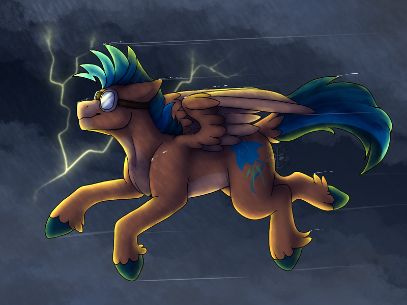 Size: 1366x1024 | Tagged: safe, artist:sursiq, derpibooru import, storm chaser, oc, oc:stingray, pegasus, pony, blue mane, blue tail, flying, goggles, lightning, orange body, rain, smiling, solo, spread wings, storm, storming, wings