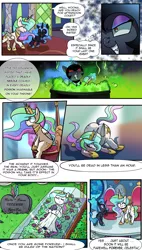 Size: 2036x3574 | Tagged: safe, artist:candyclumsy, derpibooru import, nightmare moon, princess celestia, pony, comic:attempted sorroricide, bipedal, bipedal leaning, cauldron, clothes, death, dress, female, filly, leaning, needle, nightmare woon