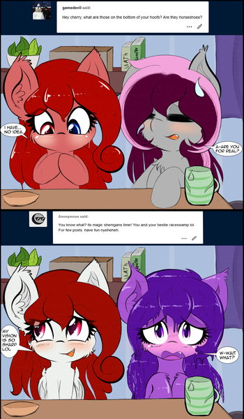 Size: 1718x2945 | Tagged: safe, artist:freefraq, derpibooru import, oc, oc:cherry slime, oc:lilac san, bat pony, goo, goo pony, original species, bat ponified, bat pony oc, bat wings, blushing, comic, cute, eyes closed, goo ponified, heterochromia, race swap, surprised, sweat, sweatdrop, wings