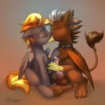 Size: 3000x3000 | Tagged: explicit, artist:jedayskayvoker, derpibooru import, oc, oc:digidash, oc:grimvale, unofficial characters only, gryphon, pegasus, beak kissing, clawjob, collar, eyes closed, frottage, gay, griffon oc, kissing, knot, male, masturbation, nudity, pegasus oc, penis, wings