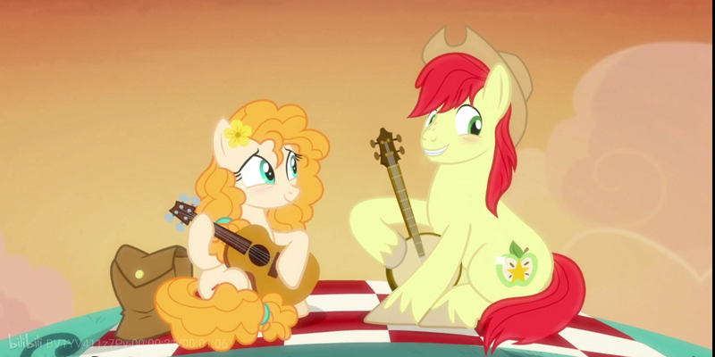 Size: 2160x1080 | Tagged: safe, artist:three uncle, derpibooru import, edit, edited screencap, screencap, bright mac, pear butter, earth pony, pony, the perfect pear, banjo, blushing, brightbutter, cowboy hat, female, guitar, hat, husband and wife, male, mare, musical instrument, picnic, playing instrument, shipping, simple background, stallion, straight, transparent background