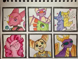 Size: 1080x810 | Tagged: safe, artist:nerrenya, derpibooru import, pinkie pie, anthro, chameleon, dragon, earth pony, pony, six fanarts, animal crossing, anthro with ponies, bust, cardcaptor sakura, crossover, eyes closed, female, flick, flower, kero, keroberos, licking, male, mare, ratchet and clank, spyro the dragon, sunglasses, tongue out, traditional art, yooka-laylee