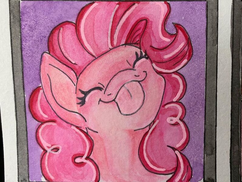 Size: 1080x813 | Tagged: safe, alternate version, artist:nerrenya, derpibooru import, pinkie pie, earth pony, pony, bust, eyes closed, female, mare, tongue out, traditional art