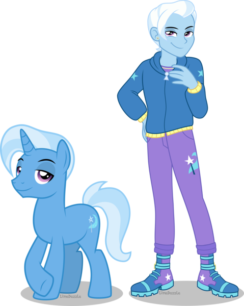 Size: 3595x4500 | Tagged: safe, artist:limedazzle, derpibooru import, trixie, pony, unicorn, equestria girls, absurd resolution, clothes, cutie mark, equestria guys, handsome, hoodie, human ponidox, male, pants, raised hoof, rule 63, self paradox, self ponidox, show accurate, simple background, solo, stallion, transparent background, tristan, underhoof