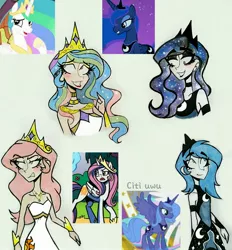 Size: 2472x2662 | Tagged: artist:citi, derpibooru import, friendship is magic, horse play, human, humanized, jewelry, pink-mane celestia, princess celestia, princess luna, s1 luna, safe, scene interpretation, screencap, screencap reference, sleepless in ponyville, starry hair, young celestia, younger