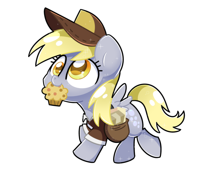 Size: 2560x2048 | Tagged: safe, artist:sugar morning, derpibooru import, derpy hooves, pegasus, pony, cap, clothes, cute, derpabetes, female, food, hat, mail, mailbag, mailmare, mailpony, muffin, simple background, solo, transparent background