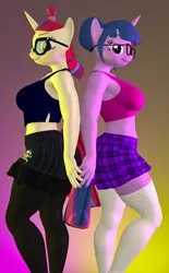 Size: 1336x2160 | Tagged: suggestive, artist:kevhon, derpibooru import, moondancer, sci-twi, twilight sparkle, anthro, unicorn, 3d, breasts, clothes, duo, duo female, female, glasses, leggings, looking at you, pose, skirt, socks, source filmmaker, stockings, stupid sexy moondancer, stupid sexy sci-twi, tanktop, thigh highs