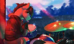 Size: 1725x1044 | Tagged: safe, artist:silentwulv, derpibooru import, oc, unofficial characters only, earth pony, pony, audience, clothes, concert, crowd, drum kit, drummer, drums, drumsticks, male, musical instrument