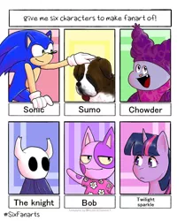 Size: 1004x1200 | Tagged: safe, artist:pedesova, derpibooru import, twilight sparkle, anthro, cat, dog, hedgehog, pony, unicorn, six fanarts, :d, animal crossing, anthro with ponies, bob, bust, chowder, clothes, crossover, female, gloves, hollow knight, male, mare, open mouth, petting, smiling, sonic the hedgehog, sonic the hedgehog (series), unicorn twilight, waving