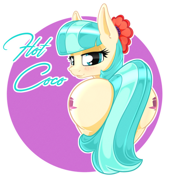 Size: 1411x1483 | Tagged: suggestive, artist:dacaoo, derpibooru import, coco pommel, earth pony, pony, fanfic, ass, bedroom eyes, blushing, both cutie marks, butt, cute, digital art, fanfic art, female, hatbutt, looking at you, looking back, looking back at you, mare, nose art, pinup, plot, presenting, rear view, sexy, simple background, smiling, solo, solo female, text, transparent background