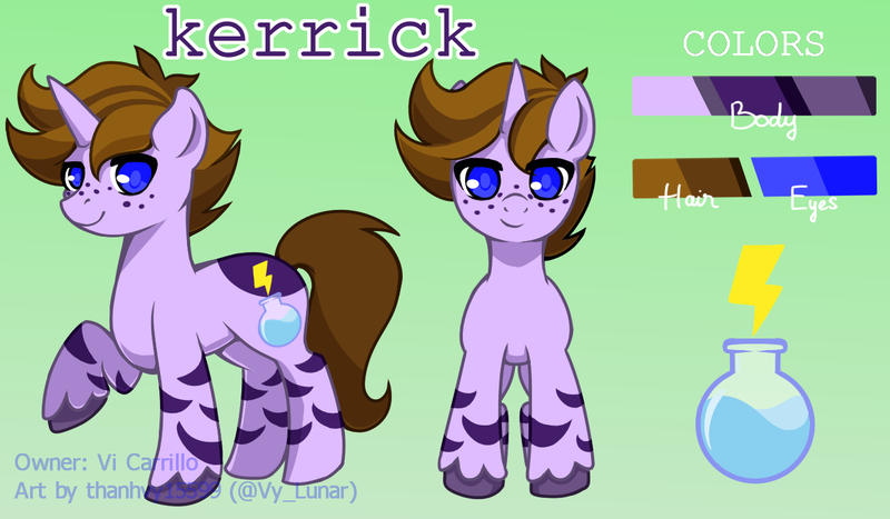 Size: 1300x759 | Tagged: safe, artist:thanhvy15599, derpibooru import, oc, oc:kerrick, pony, unicorn, blue eyes, brown hair, commission, cutie mark, freckles, gray background, green background, horn, male, refsheet, simple background, solo, unicorn oc