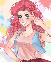 Size: 650x795 | Tagged: safe, artist:左玥写作业, derpibooru import, pinkie pie, human, blushing, clothes, female, hand on hip, humanized, looking at you, peace sign, smiling, smiling at you, solo