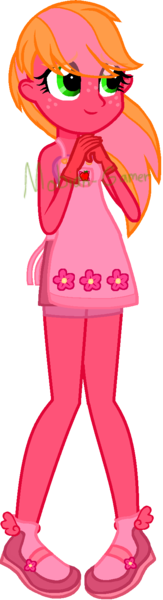 Size: 442x1624 | Tagged: safe, artist:mobian-gamer, artist:piepinkie1, derpibooru import, oc, oc:blossoming apple, unofficial characters only, equestria girls, apron, base used, clothes, cute, dress, eye clipping through hair, female, freckles, gloves, hands together, mary janes, next generation, offspring, parent:big macintosh, parent:fluttershy, parents:fluttermac, shoes, simple background, socks, solo, transparent background, watermark