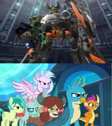 Size: 1280x1432 | Tagged: clash of hasbro's titans, comparison, crossover, derpibooru import, gallus, jolt, minicons, ocellus, reverb, safe, sandbar, school raze, screencap, sideways(cybertron), silverstream, six-speed, smolder, student six, transformers, transformers cybertron, transformers galaxy force, yona