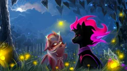 Size: 2500x1405 | Tagged: safe, artist:rrd-artist, derpibooru import, oc, unofficial characters only, bat pony, earth pony, firefly (insect), insect, pony, bat pony oc, bat wings, black sclera, clothes, earth pony oc, eye scar, forest, looking up, moon, multicolored hair, night, red sclera, scar, tree, white eyes, wings