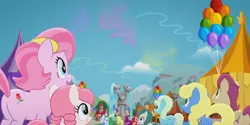 Size: 2160x1080 | Tagged: safe, derpibooru import, screencap, kersplash, spring sprout, stargazer (character), tulip bulb, tulip rose, unnamed character, unnamed pony, earth pony, pegasus, pony, rainbow roadtrip, background pony, cardinal rose, female, guiding heart, male, mare, oak sprout, photo, stallion