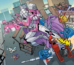 Size: 1988x1746 | Tagged: arcee, artist:jack lawrence, artist:luis antonio delgado, car, coco pommel, comic, crossover, crown, derpibooru import, idw, jet, jewelry, kick, kicking, manehattan, my little pony/transformers: friendship in disguise, plaid stripes, rarity, rarity for you, regalia, safe, spoiler:comic, spoiler:friendship in disguise, spoiler:friendship in disguise01, starscream, transformation, transformation sequence, transformers