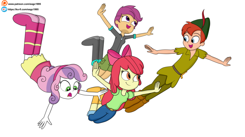 Size: 6000x3357 | Tagged: safe, artist:eagc7, derpibooru import, apple bloom, scootaloo, sweetie belle, equestria girls, crossover, cutie mark crusaders, disney, equestria girls-ified, female, flying, ko-fi, male, patreon, patreon reward, peter pan, scootaloo can fly, simple background, transparent background