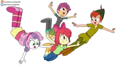 Size: 6000x3357 | Tagged: safe, artist:eagc7, derpibooru import, apple bloom, scootaloo, sweetie belle, equestria girls, crossover, cutie mark crusaders, disney, equestria girls-ified, female, flying, ko-fi, male, patreon, patreon reward, peter pan, scootaloo can fly, simple background, transparent background