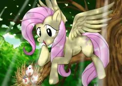 Size: 1024x724 | Tagged: safe, artist:neoshrek, derpibooru import, fluttershy, bird, pegasus, pony, cute, egg, female, happy, hatchling, mare, nest, spread wings, tree, wings