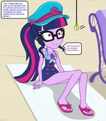 Size: 711x810 | Tagged: safe, derpibooru import, edit, edited screencap, editor:thomasfan45, screencap, sci-twi, twilight sparkle, human, equestria girls, equestria girls series, forgotten friendship, 1000 hours in ms paint, bare arms, beach, beach chair, beach towel, clothes, cute, darling, description is relevant, feet, female, geode of telekinesis, glasses, hat, hypnosis, hypnotized, implied rarity, legs, magical geodes, obedience, offscreen character, one-piece swimsuit, pendulum swing, pocket watch, ponytail, sand, sandals, servant, sitting, smiling, solo, speech bubble, story included, swimsuit, towel, trance