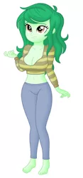 Size: 462x983 | Tagged: safe, alternate version, derpibooru import, edit, editor:ah96, editor:thomasfan45, wallflower blush, human, equestria girls, equestria girls series, forgotten friendship, barefoot, belly button, big breasts, breast edit, breasts, busty wallflower blush, cleavage, clothes, cute, feet, female, flowerbetes, freckles, jeans, legs, midriff, pants, shading, simple background, smiling, solo, white background