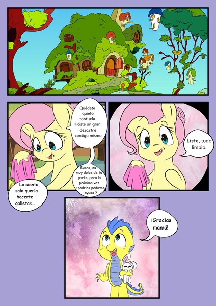 Size: 1280x1811 | Tagged: safe, artist:mustachedbain, derpibooru import, fluttershy, oc, oc:izen, dragon, pegasus, comic:my dragon children, female, male, mother and child, mother and son, spanish, translation