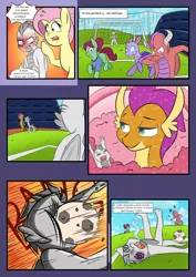Size: 1280x1811 | Tagged: safe, artist:mustachedbain, derpibooru import, fluttershy, ocellus, smolder, oc, oc:august, oc:rexion, changedling, changeling, dragon, earth pony, pegasus, pony, comic:my dragon children, ball, blushing, bruised, comic, distracted, dragon oc, female, giving up the ghost, male, mother and child, mother and son, spanish, swirly eyes, translation