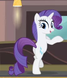 Size: 550x642 | Tagged: safe, derpibooru import, screencap, rarity, pony, unicorn, rarity takes manehattan, bipedal, bipedal leaning, butt, cropped, cute, desk, female, leaning, looking at you, looking back, looking back at you, mare, open mouth, plot, raribetes, smiling, solo