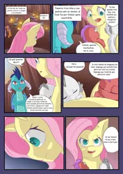 Size: 1280x1811 | Tagged: safe, artist:mustachedbain, derpibooru import, fluttershy, princess ember, oc, oc:august, oc:rexion, dragon, pegasus, pony, comic:my dragon children, baby, baby dragon, comic, determined, dragon oc, female, male, mother and child, mother and son, spanish, translation