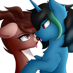 Size: 1280x1280 | Tagged: safe, artist:drarkusss0, derpibooru import, oc, oc:ali linner, oc:drarkusss, oc:waifu, deer, pony, unicorn, couple, hug, kissing, looking at you, photo, staring into your soul, tongue out