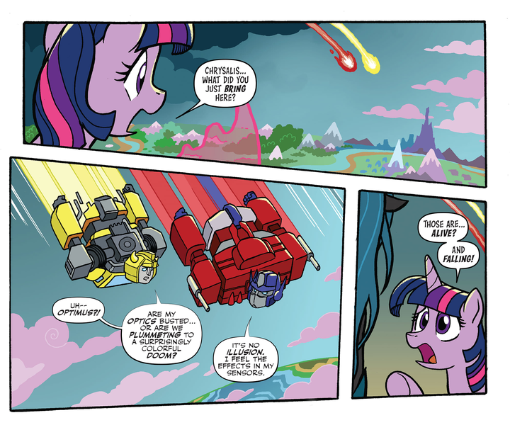 Size: 1988x1656 | Tagged: alicorn, artist:tonyfleecs, bumblebee (transformers), comic, crossover, derpibooru import, equestria, idw, magic, open mouth, optimus prime, queen chrysalis, safe, spoiler:comic, spoiler:friendship in disguise, transformers, twilight sparkle, twilight sparkle (alicorn)