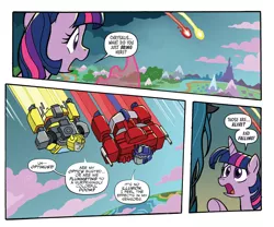 Size: 1988x1656 | Tagged: alicorn, artist:tonyfleecs, bumblebee (transformers), comic, crossover, derpibooru import, equestria, idw, magic, open mouth, optimus prime, queen chrysalis, safe, spoiler:comic, spoiler:friendship in disguise, transformers, twilight sparkle, twilight sparkle (alicorn)