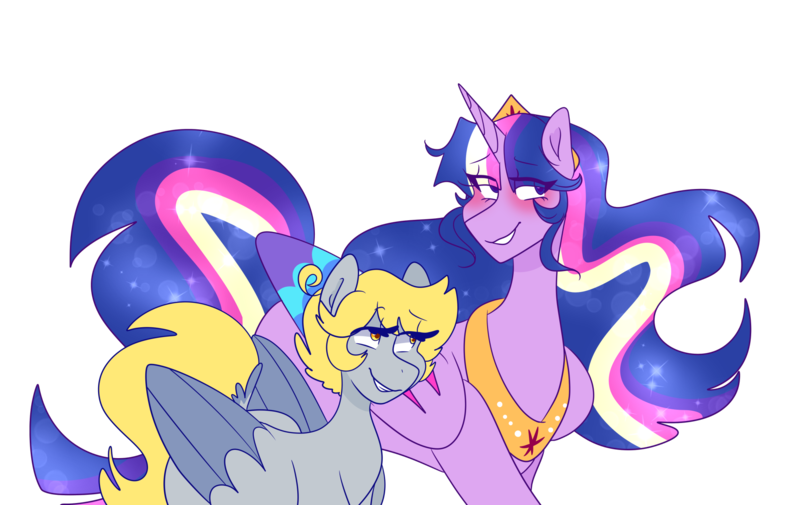 Size: 2048x1293 | Tagged: alicorn, artist:cubbybatdoodles, blushing, colored wings, colored wingtips, derpibooru import, derpy hooves, ditzy doo, female, jewelry, lesbian, long mane, long tail, princess twilight 2.0, regalia, safe, shipping, short mane, short tail, simple background, size difference, the last problem, transparent background, twerpy, twilight sparkle, twilight sparkle (alicorn), wings