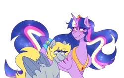 Size: 2048x1293 | Tagged: alicorn, artist:cubbybatdoodles, blushing, colored wings, colored wingtips, derpibooru import, derpy hooves, ditzy doo, female, jewelry, lesbian, long mane, long tail, princess twilight 2.0, regalia, safe, shipping, short mane, short tail, simple background, size difference, the last problem, transparent background, twerpy, twilight sparkle, twilight sparkle (alicorn), wings