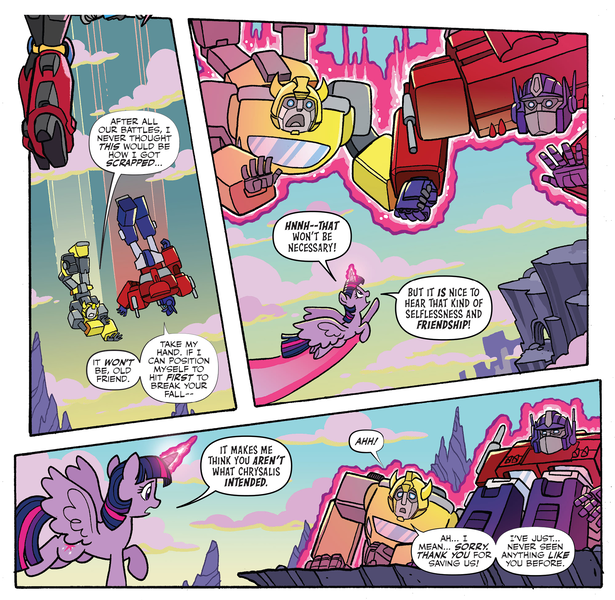 Size: 1995x1946 | Tagged: alicorn, artist:tonyfleecs, bumblebee (transformers), comic, cropped, crossover, derpibooru import, equestria, idw, magic, open mouth, optimus prime, safe, spoiler:comic, spoiler:friendship in disguise, transformers, twilight sparkle, twilight sparkle (alicorn), windblade