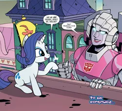 Size: 1988x1802 | Tagged: arcee, artist:jack lawrence, artist:luis antonio delgado, comic, crossover, cute, darling, derpibooru import, fist bump, hoofbump, idw, manehattan, my little pony/transformers: friendship in disguise, raribetes, rarity, rarity for you, safe, size difference, spoiler:comic, spoiler:friendship in disguise, spoiler:friendship in disguise01, to be continued, transformers