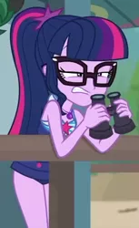 Size: 352x577 | Tagged: safe, derpibooru import, sci-twi, twilight sparkle, equestria girls, equestria girls series, unsolved selfie mysteries, binoculars, clothes, female, geode of telekinesis, magical geodes, sleeveless, solo, swimsuit
