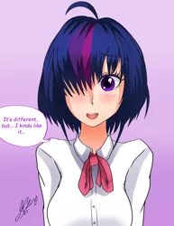 Size: 2550x3300 | Tagged: safe, artist:manhunterj, derpibooru import, twilight sparkle, human, alternate hairstyle, anime, dialogue, female, haircut, hair over one eye, humanized, open mouth, short hair, signature, solo, speech bubble