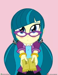 Size: 1500x1942 | Tagged: safe, artist:dieart77, derpibooru import, juniper montage, equestria girls, blushing, bracelet, clothes, commission, cute, female, glasses, jewelry, junibetes, moe, movie ticket, nervous, pigtails, skirt, solo, weapons-grade cute