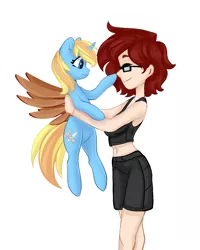 Size: 3600x4500 | Tagged: safe, artist:shooshaa, derpibooru import, oc, oc:skydreams, unofficial characters only, human, pony, unicorn, artificial wings, augmented, belly button, boop, clothes, commission, cute, female, glasses, holding a pony, human female, human on pony snuggling, mare, mechanical wing, midriff, red hair, short shirt, shorts, snuggling, wings, ych result