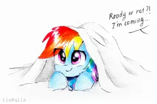 Size: 2954x1948 | Tagged: safe, artist:liaaqila, derpibooru import, rainbow dash, pegasus, pony, cute, dashabetes, dialogue, eye clipping through hair, female, hide and seek, hiding, hoof fluff, leg fluff, liaaqila is trying to murder us, liaaqila is trying to murder us with dashabetes, looking up, offscreen character, prone, sheet, simple background, smiling, smirk, solo, white background