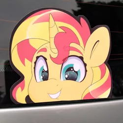 Size: 3120x3120 | Tagged: safe, artist:partylikeanartist, derpibooru import, sunset shimmer, pony, unicorn, anime, anime eyes, bumper sticker, car, chibi, cute, etsy, eyebrows, eyebrows visible through hair, ford focus, irl, lip bite, looking at you, merchandise, peeker, photo, shimmerbetes, solo, sticker