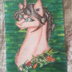 Size: 1080x1080 | Tagged: safe, artist:olyaandspid, derpibooru import, ponified, pony, unicorn, attack on titan, bust, chest fluff, flower necklace, glasses, grisha jaeger, solo, traditional art