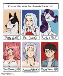 Size: 1080x1290 | Tagged: safe, artist:izzy8cake, derpibooru import, rarity, dog, human, pony, unicorn, six fanarts, bust, clothes, crossover, eri, female, glasses, it, jojo's bizarre adventure, kimimaro, makeup, male, mare, my hero academia, naruto, overalls, richie tozier, rose quartz (steven universe), smiling, steven universe, tongue out