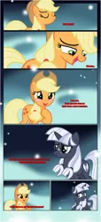 Size: 1919x4225 | Tagged: safe, artist:estories, derpibooru import, applejack, oc, oc:silverlay, earth pony, pony, unicorn, comic:a(pple)ffection, blushing, comic, dialogue, duo, eyes closed, female, hoof on chest, horn, looking at each other, mare, raised hoof, show accurate, unamused, unicorn oc, upset, vector