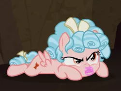 Size: 840x634 | Tagged: safe, derpibooru import, edit, edited screencap, editor:victorfazbear, screencap, cozy glow, frenemies (episode), angry, cozybetes, cozy glow is not amused, cropped, cute, female, madorable, pacifier, pouting, prone, solo
