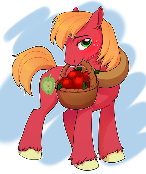 Size: 2289x2723 | Tagged: safe, artist:kyotokisha15, derpibooru import, big macintosh, earth pony, pony, apple, basket, colored hooves, cute, cutie mark, digital art, food, high res, looking at you, macabetes, male, mouth hold, solo, stallion, tail, unshorn fetlocks